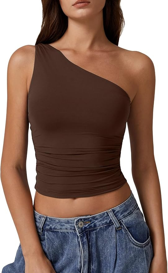 QINSEN Women's One Shoulder Tank Tops Double Lined Sleeveless Slim Fit Cropped Tee Shirt Y2k Tops | Amazon (US)