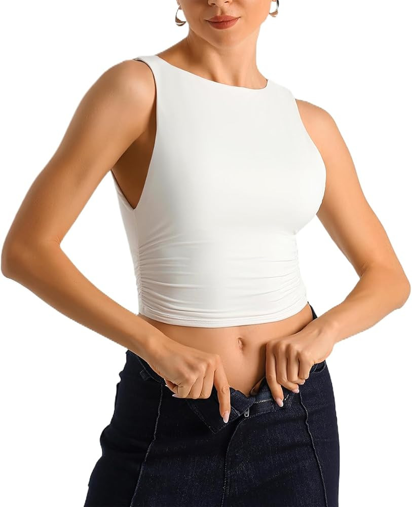 HOYAYO Women's Reversible Slim Fit Tank Top Boat Neck Sleeveless Dropped Armholes Side Ruched Dou... | Amazon (US)