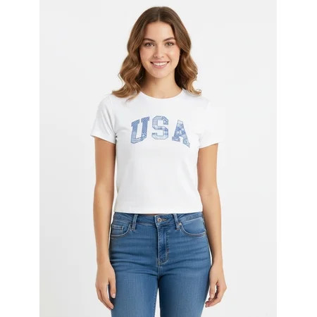 USA Patchwork Women s Graphic Baby Tee with Short Sleeves Sizes XXS-XXL | Walmart (US)