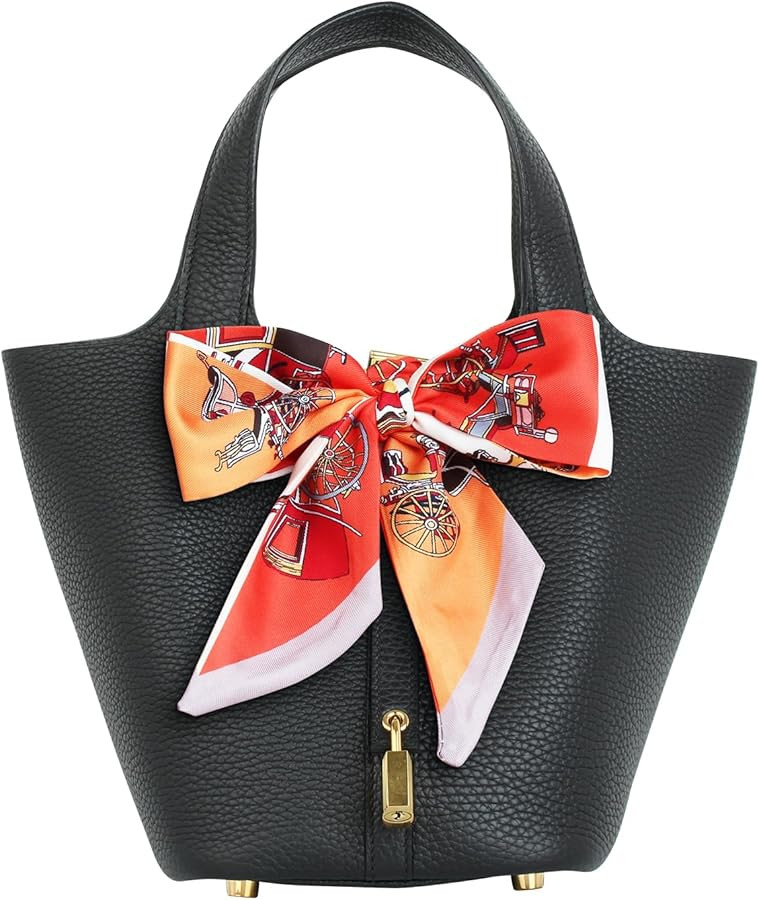 Genuine Leather Bucket Bag with a Scarf for Women Handbag tote bag with metal clasp, market tote ... | Amazon (US)