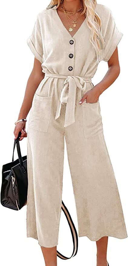 Acelitt Women Short Sleeve V Neck Button Belted Wide Leg Jumpsuits with Pockets, S-XXL | Amazon (US)