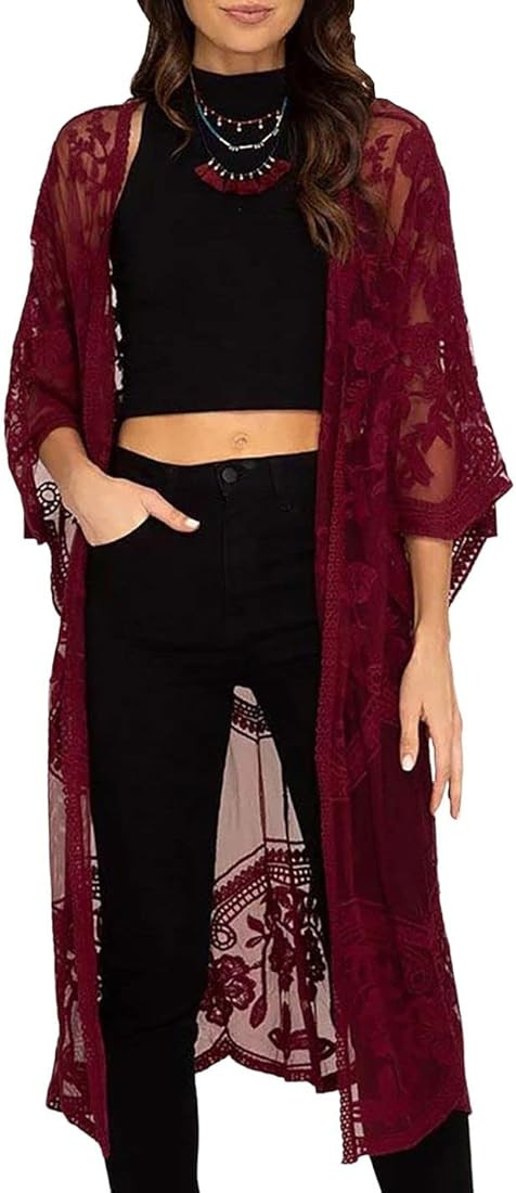 AILUNSNIKA Crochet Knitted Open Front Kimono Cardigan Bikini Cover Up Sexy Lace Tank Dress | Amazon (US)