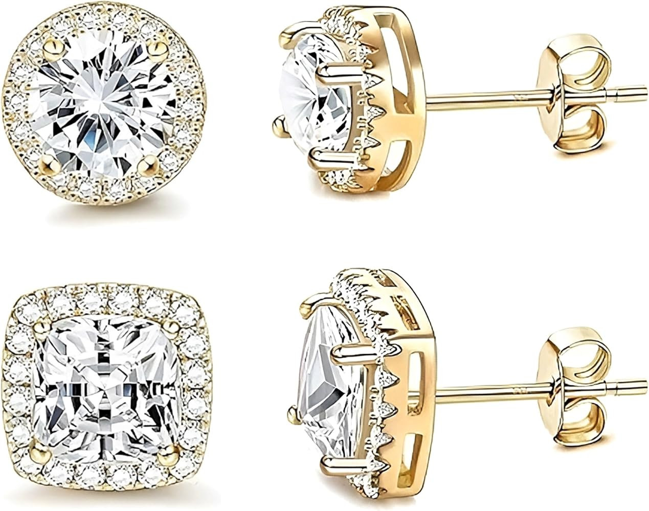 18K White Gold Plated Round Square Cubic Zirconia Simulated Diamond Halo Stud Earrings 2 pairs Se... | Amazon (US)