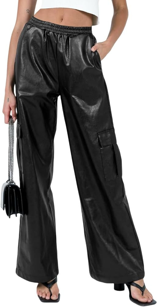 Fisoew Women's Cargo Leather Pants Baggy High Waist Wide Leg Trousers | Amazon (US)