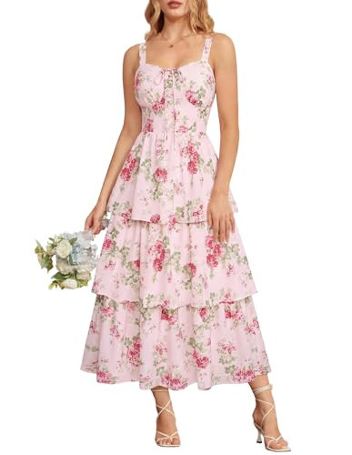 Women's Wedding Guest Dresses Maxi Floral Dress Summer Ruffle Long Corset Milkmaid Dress Pink Rose Size 16 | Amazon (US)