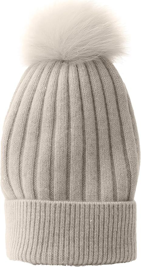 State Cashmere Cuffed Beanie with Removable Rabbit Fur Pom Pom - Soft Knit Hat Made with 100% Pur... | Amazon (US)