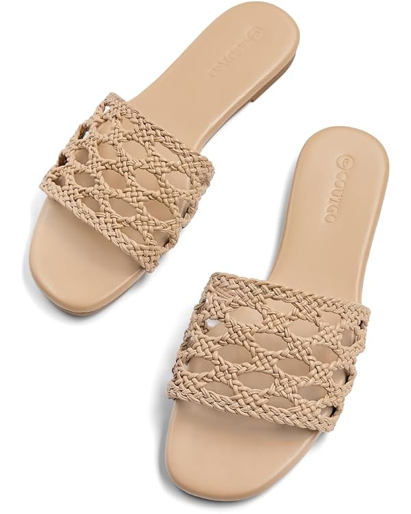 Coutgo Womens Flat Sandals Braided Open Square Toe Slip On Slide Sandals Dressy Beach Vacation Sh... | Amazon (US)