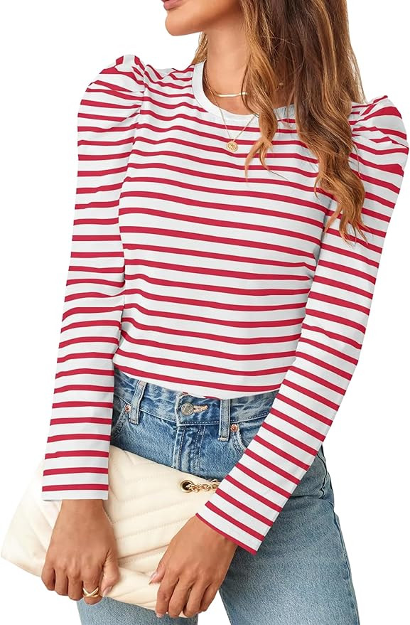 Remidoo Women's Solid Round Neck Puff Long Sleeve Slim Fit T Shirt Tops | Amazon (US)