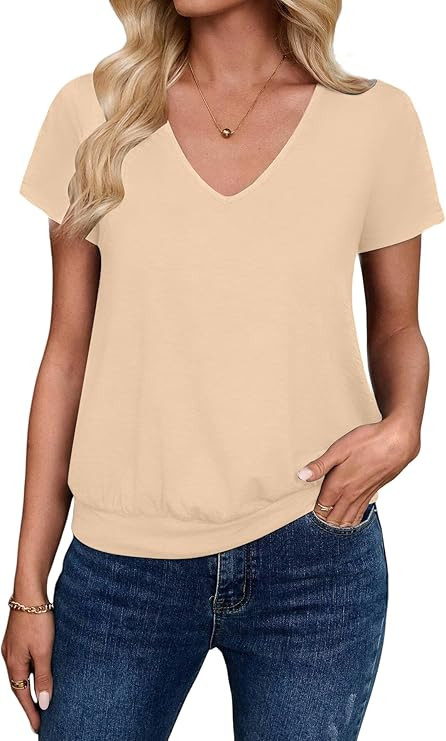 Sialois Women Shirts Short Sleeve Tshirts V Neck Banded Bottom Tops Casual Loose Shirts Summer Sp... | Amazon (US)