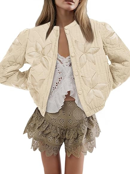 Tankaneo Womens Casual Cropped Bomber Quilted Jacket Embroidery Lightweight Button Down Warm Wint... | Amazon (US)