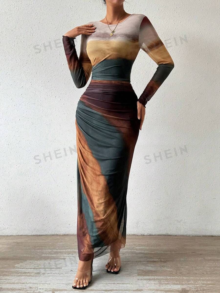 SHEIN BAE Tie-Dye Long Sleeve Dress | SHEIN