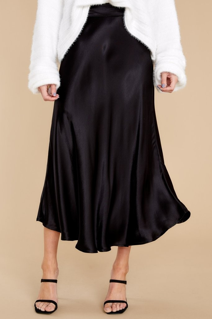 Silky Seduction Black Satin Midi Skirt | Red Dress 