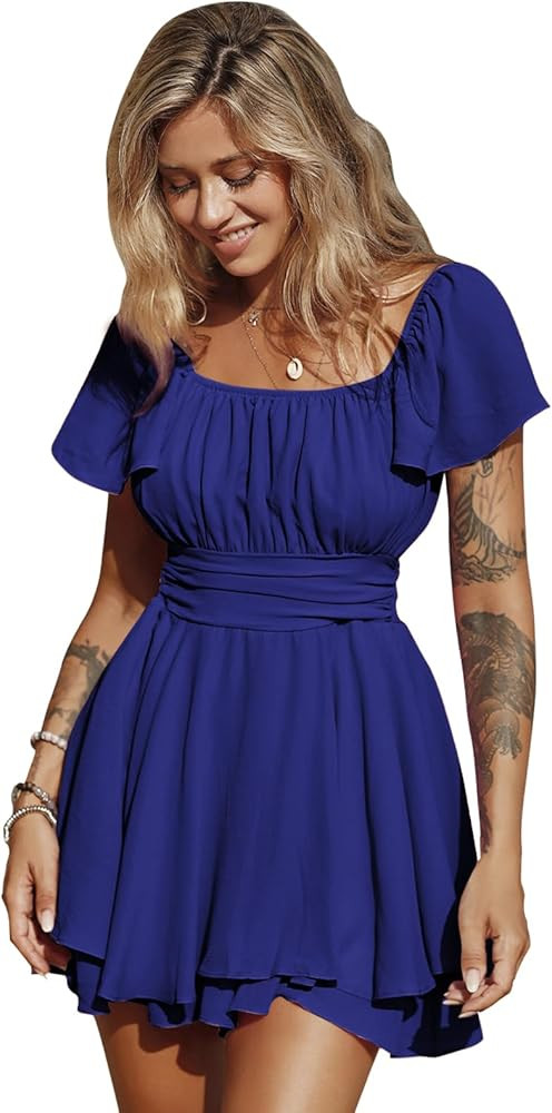 EXLURA Women's 2024 Summer Ruffle Short Sleeve Tie Back Romper Dress Square Neck A-Line Cute Dres... | Amazon (US)
