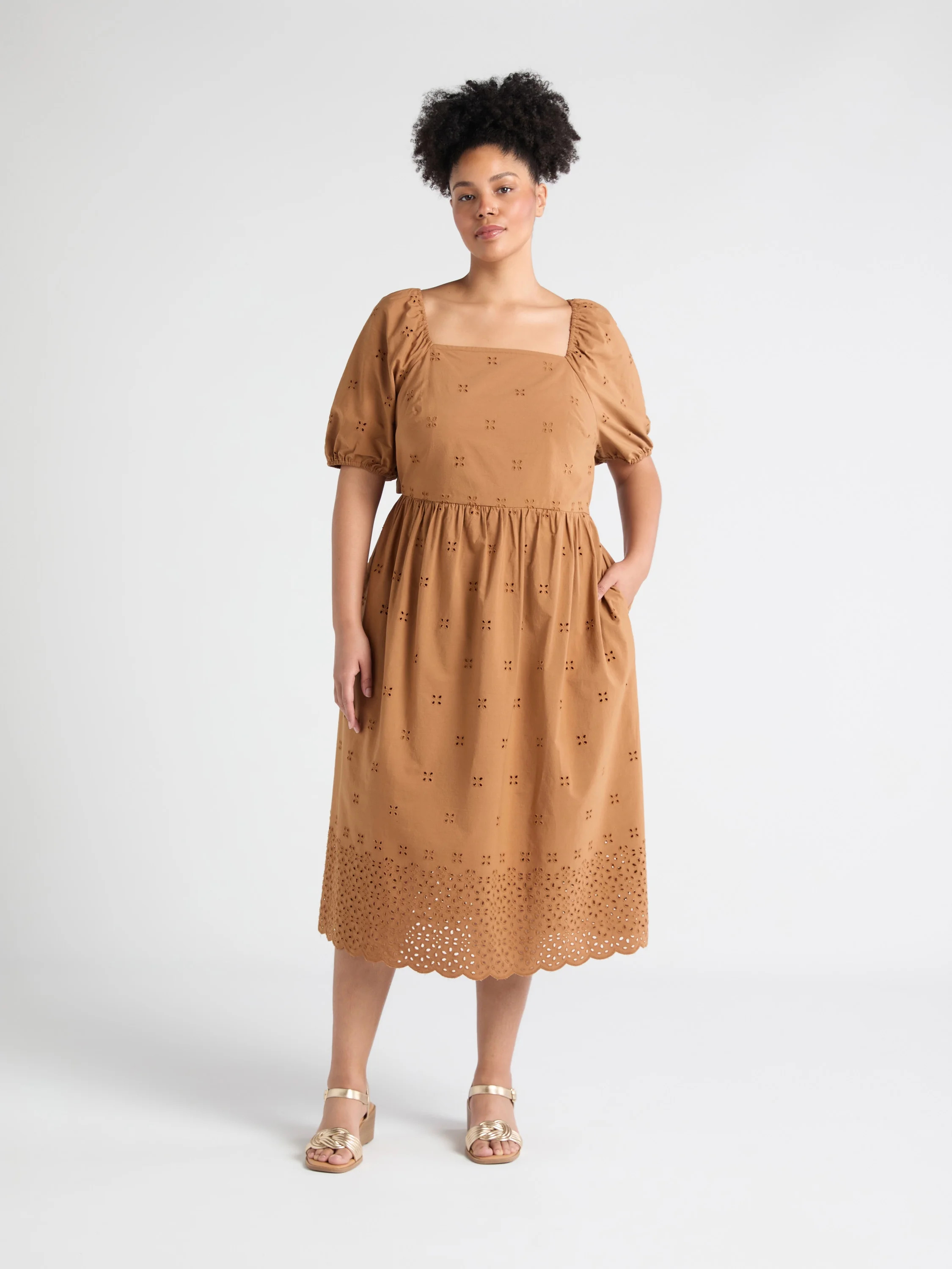 Time and Tru Women's and Women's Plus Eyelet Midi Dress, Sizes XS-4X - Walmart.com | Walmart (US)