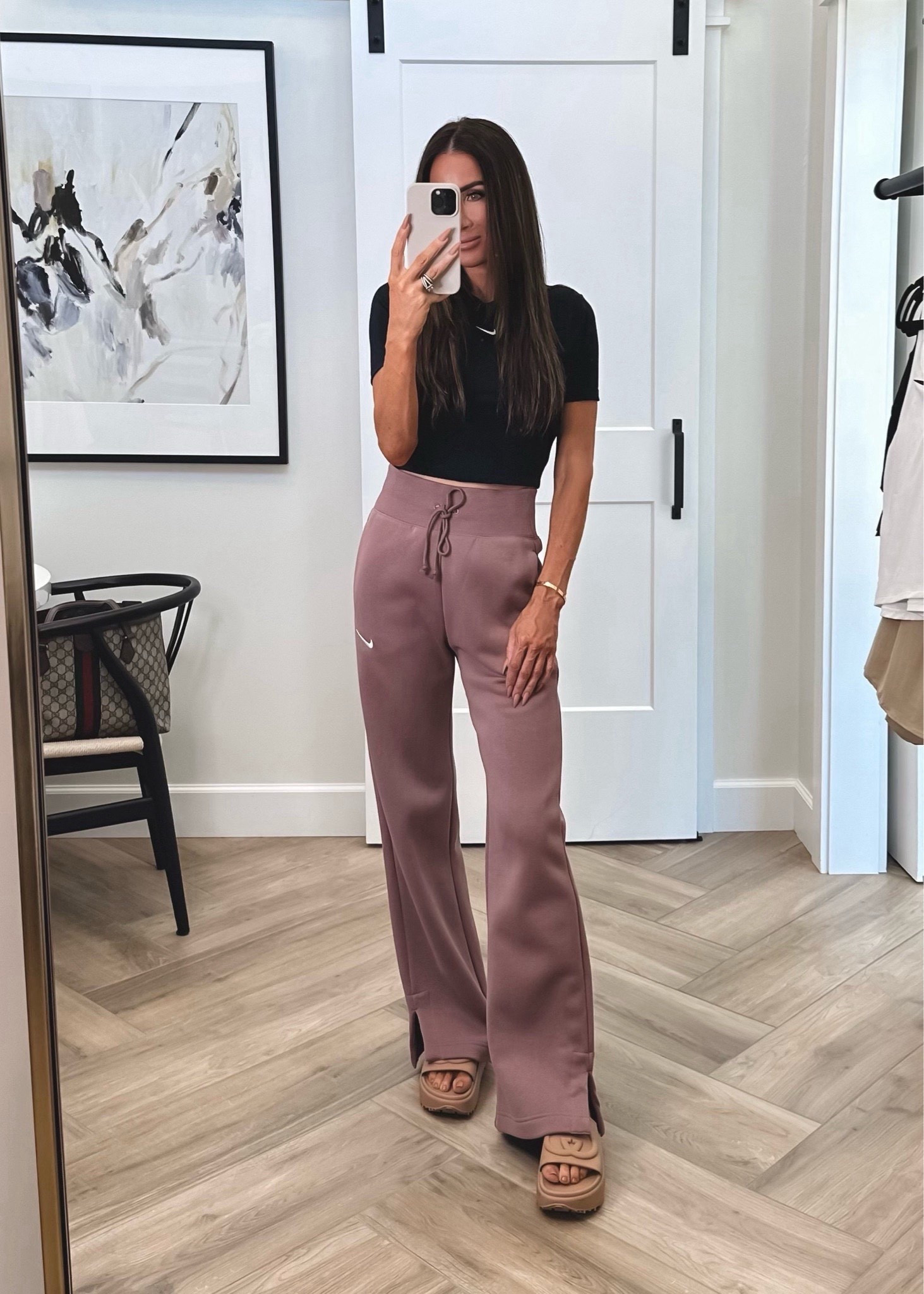 Nike outfit idea ! These high rise sweatpants ended up being my favorite. They have Zero hanger appeal😂
Flare high rise sweatpants phoenix Sz xs 
Cropped fitted tee sz small
Gucci platform sandals linking similar 

#LTKStyleTip 

#LTKOver40 #LTKU #LTKmomlife