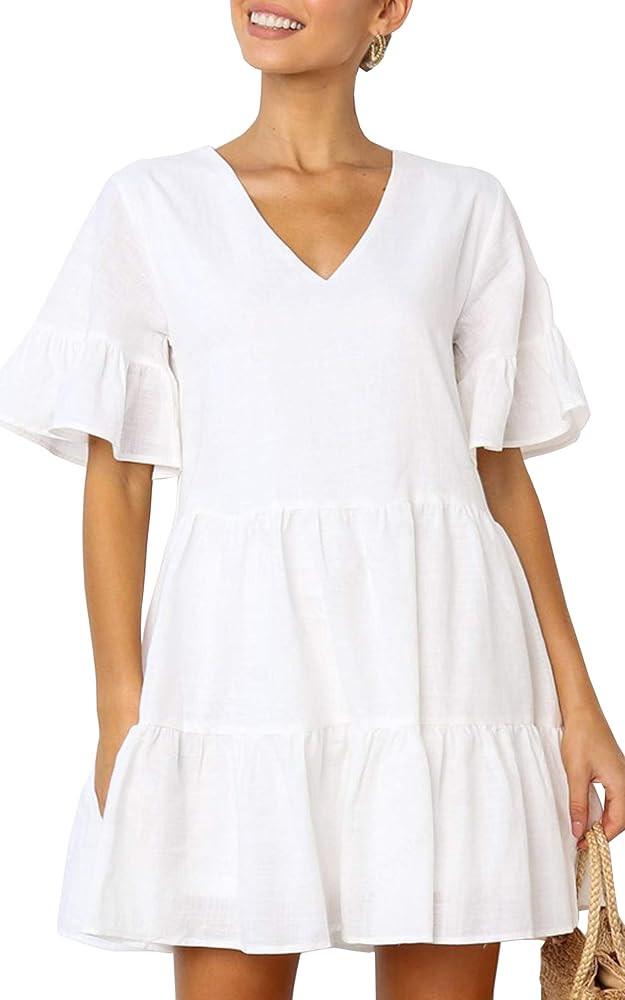 Women's V Neck Button Down Leopard Floral Dress Short Sleeves Loose Top Dresses with Pockets | Amazon (US)