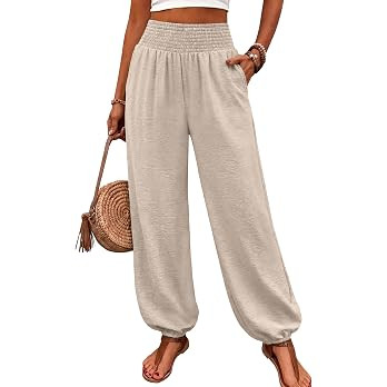WIHOLL Women's Smocked High Waist Harem Pants, Lightweight Linen Look Balloon Pants with Elastic ... | Amazon (US)