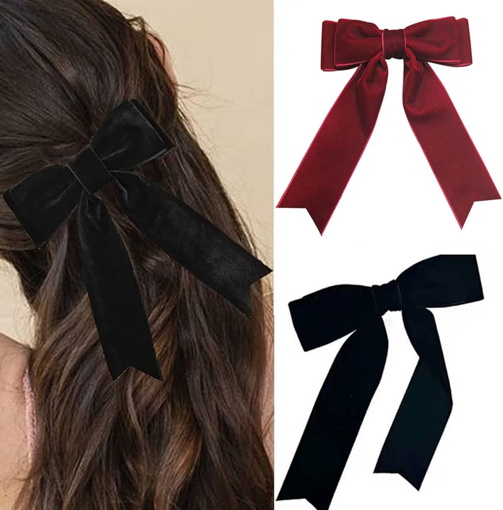 Velvet Bow Hair Clip - Large Satin Ribbon Bows with Long Ribbon - Vintage Party Hair Accessories ... | Amazon (UK)