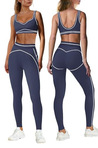 Nirovien Womens 2 Piece Workout Sets Athletic Yoga Sets Pilates Gym Outfits Butt Lifting Leggings and Sports Bra(Navy Blue,M) | Amazon (US)