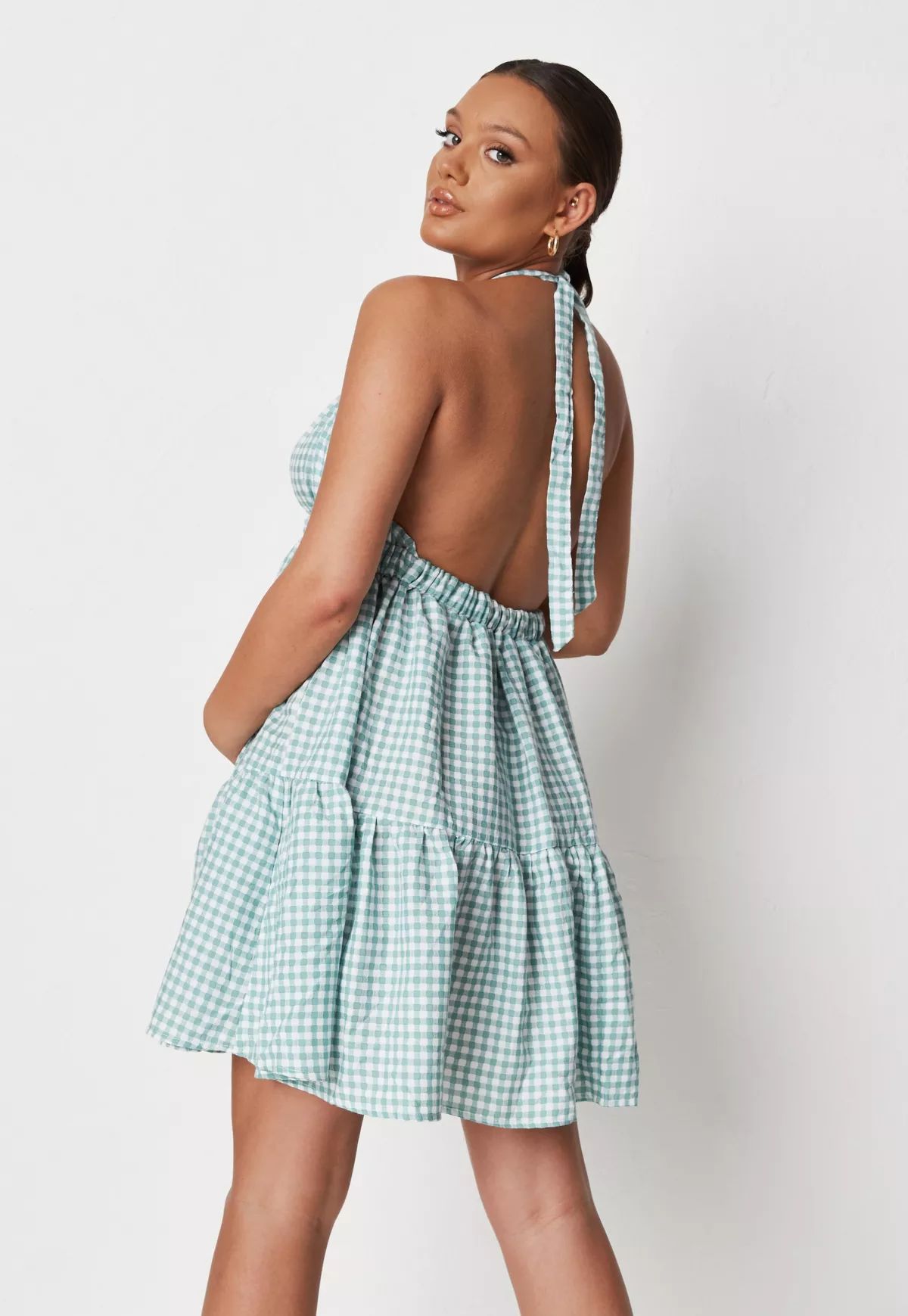 Green Gingham Print Halterneck Maternity Mini Dress | Missguided (US & CA)