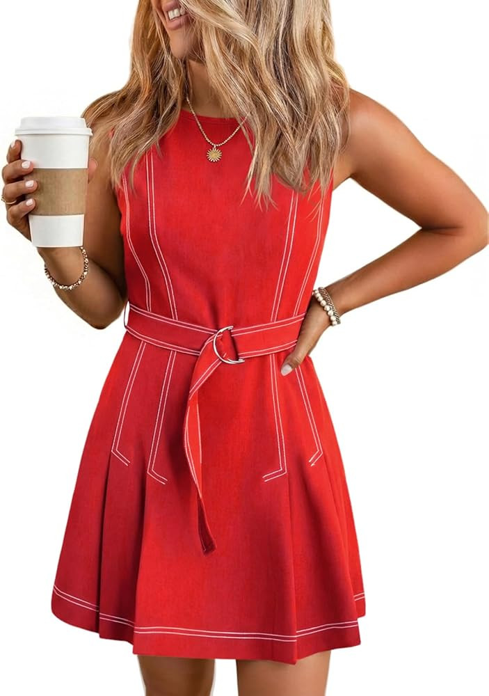Wenrine Womens Summer Sleeveless Mini Dress Casual Crewneck Tie Waist A Line Trendy Tank Dresses ... | Amazon (US)