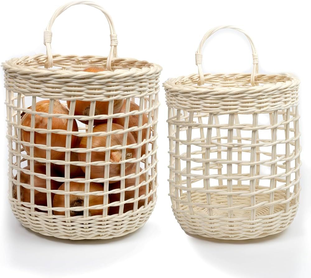 TAGREE Set of 2 White Hanging Onion Basket, Garlic Basket, Food Storage Basket, Woven Wall Basket... | Amazon (US)