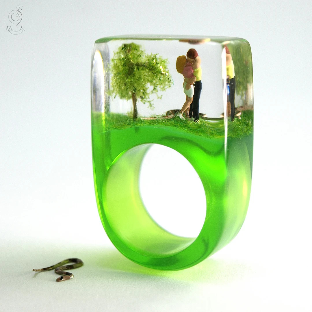 Warm-hearted Paradisiacal Lovers Ring With Kissing Mini Figures Next to a Tree and a Snake on a G... | Etsy (US)