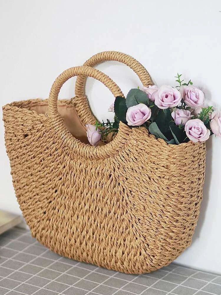 Ring Handle Design Straw Bag | SHEIN