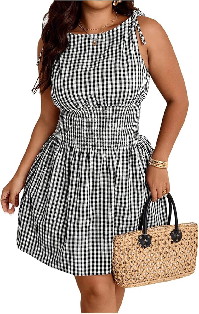 Floerns Women's Plus Size Cute Plaid Tank Dress Tie Shoulder Sleeveless Smocked A Line Dresses | Amazon (US)
