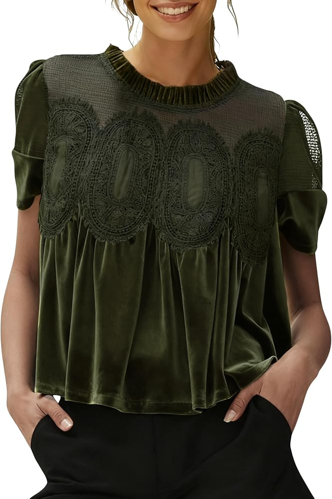 Gozoloma Women's Velvet Lace Blouse Casual Round Neck Short Sleeve Flared Swing Top Elegant Loose... | Amazon (US)