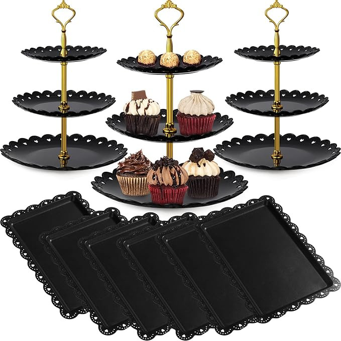 9 Pcs Black Cake Stand Set Dessert Table Includes 6 Rectangle Cupcake Stand and 3 Pcs Round 3-tie... | Amazon (US)