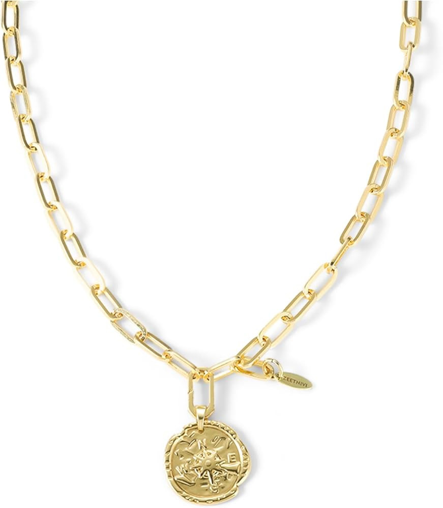 Chunky Layered Gold Necklace For Women Paperclip Link Chain Statement Compass Coin Charm Beach St... | Amazon (US)