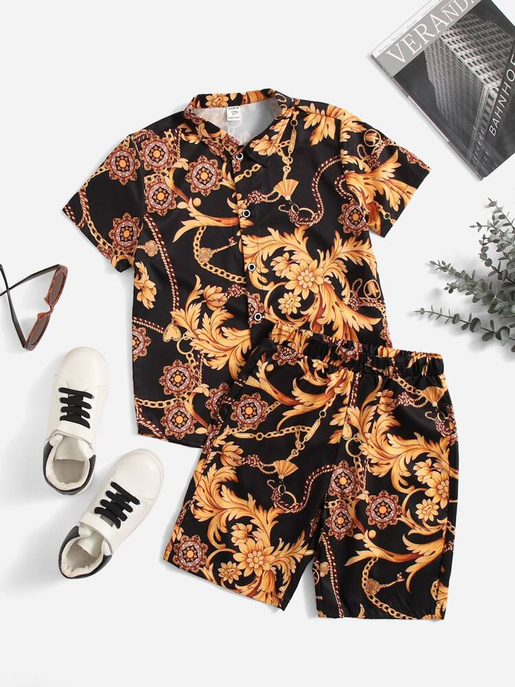 SHEIN Boys Baroque Print Shirt & Shorts Set | SHEIN