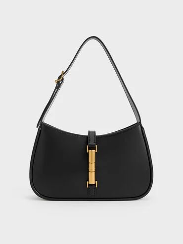 Black Cesia Metallic Accent Shoulder Bag | CHARLES & KEITH | Charles & Keith US