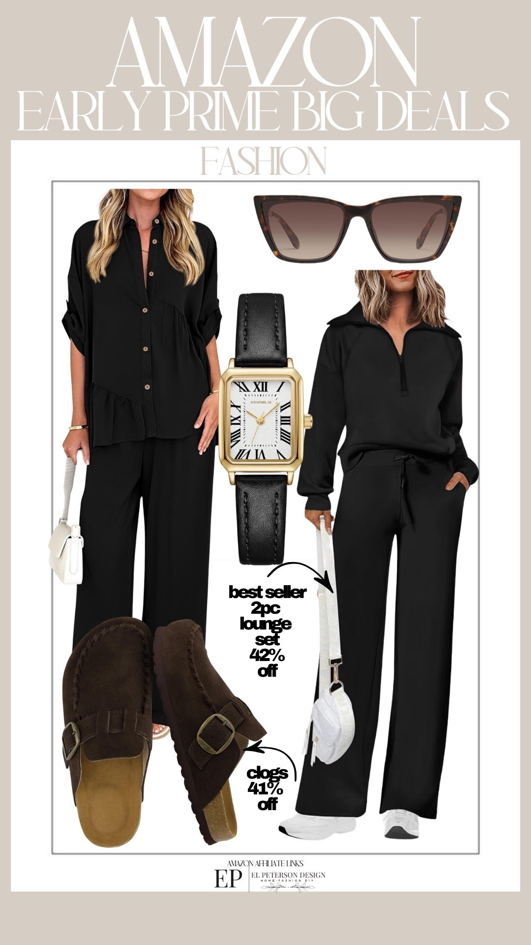 Amazon
Prime Big Deal Days 
Lounge set
Clogs
Watch
Sunglasses