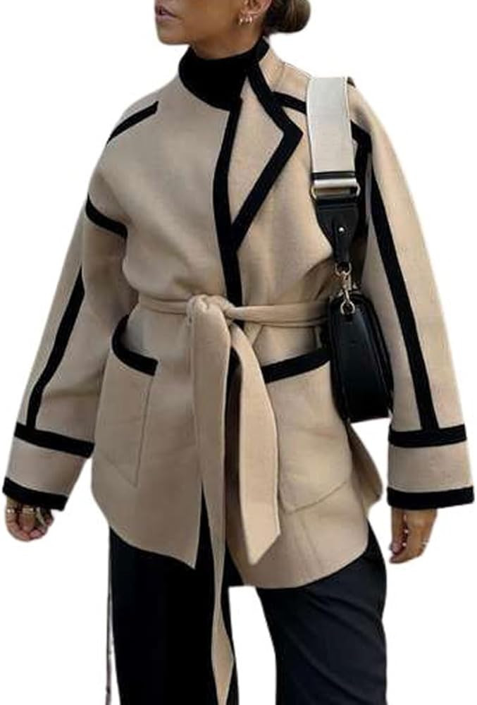CHARTOU Women Winter Collarless Contrast Trim Wool Blend Pea Coat Jacket Wrap Coat with Belt | Amazon (US)