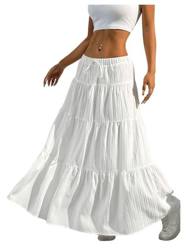 RoseSeek Women's Flowy Flared Ruffle Hem A Line Maxi Skirts Elastic Waist Elegant Tiered Layer Boho Long Skirts White Large | Amazon (US)