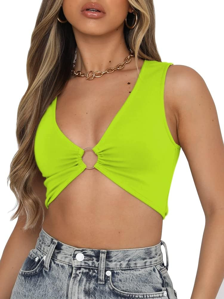 AEVZIV Sexy Crop Tops for Women Sleeveless Deep V Neck Workout Tops Plunge Ring Cleavage Cropped Tan | Amazon (US)