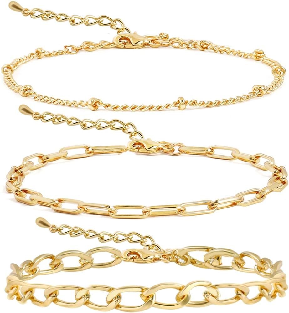 14K Gold Beaded Bracelets for Women,Dainty Gold Plated Chain Link Bracelet Stretchable Adjustable Br | Amazon (US)