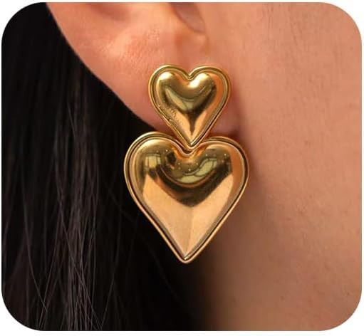 Kenivira Gold Heart Drop Earrings, Double Heart Statement Dangle Earrings for Women Girls | Amazon (US)