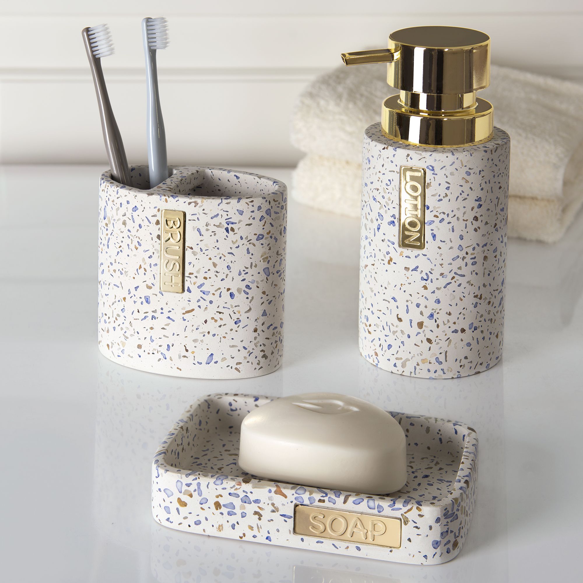 Mainstays 3 Piece Terrazzo with Gold Plate Cement Bath Accessory Set | Walmart (US)