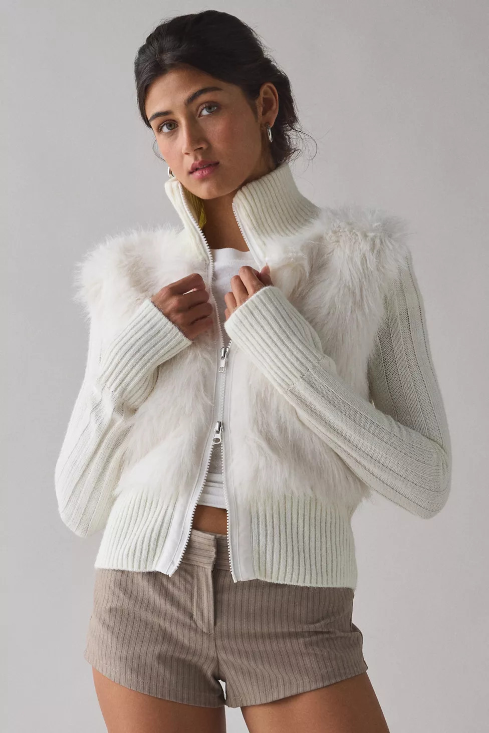BDG Tori Faux Fur Trim Zip-Up Sweater Jacket | Urban Outfitters (US and RoW)