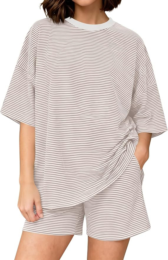 Women Striped Lounge Set Short Sleeve Pajama Sets Oversized T Shirts High Waist Shorts 2 Piece Ma... | Amazon (US)