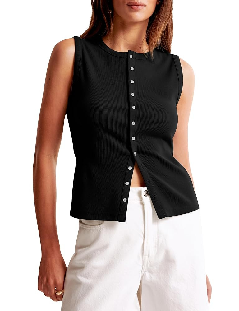 Cioatin Women Ribbed Button Down Tank Tops Sleeveless Crew Neck Slim Fit Open Front Crop Vest Goi... | Amazon (US)