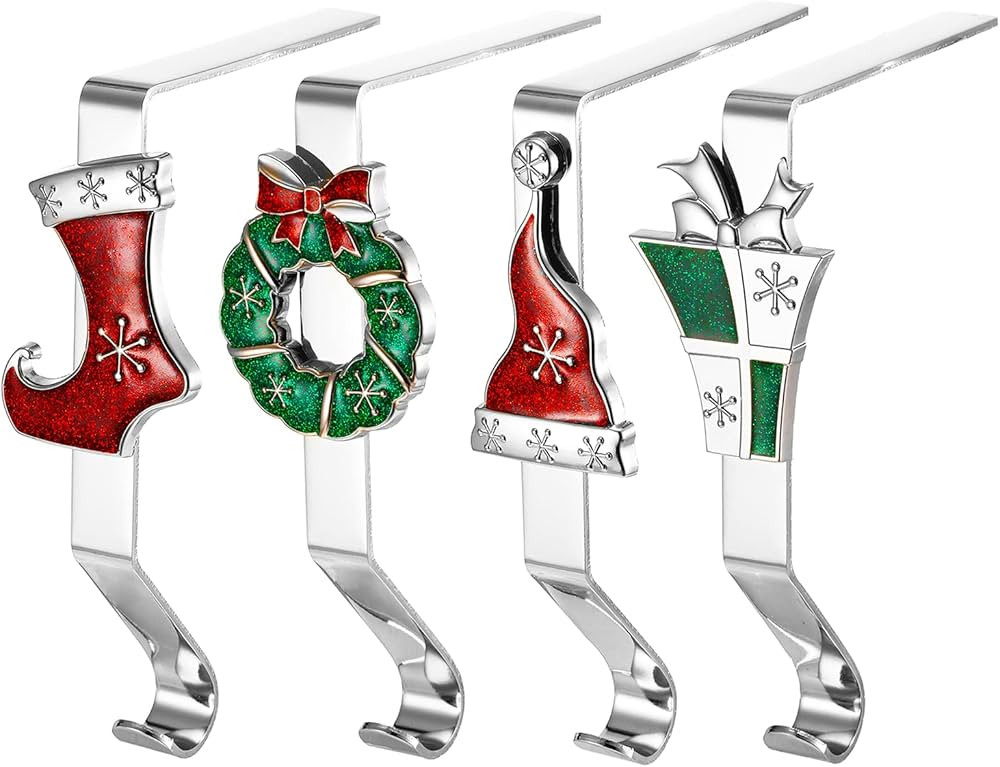 PintreeLand Christmas Stocking Holders for Mantle Set of 4 - Silver Metal Cute Xmas Stocking Hang... | Amazon (US)