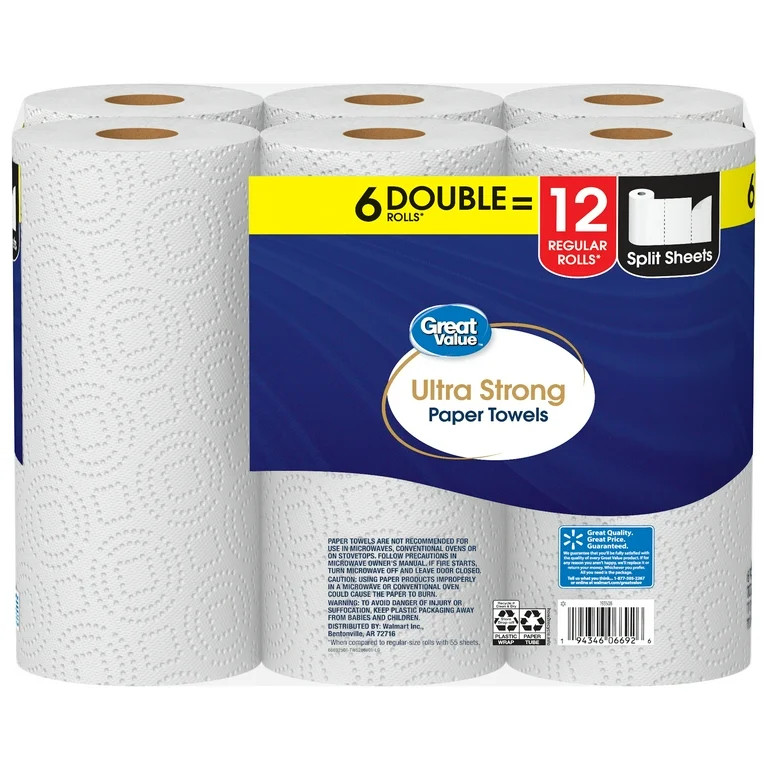 Great Value Ultra Strong Paper Towels, 6 Double Rolls | Walmart (US)