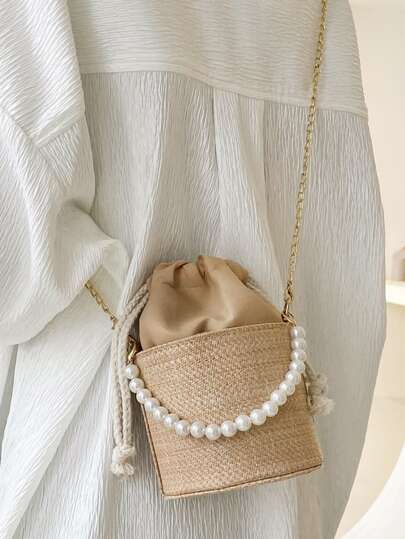 Faux Pearls Decor Drawstring Bucket Bag | SHEIN