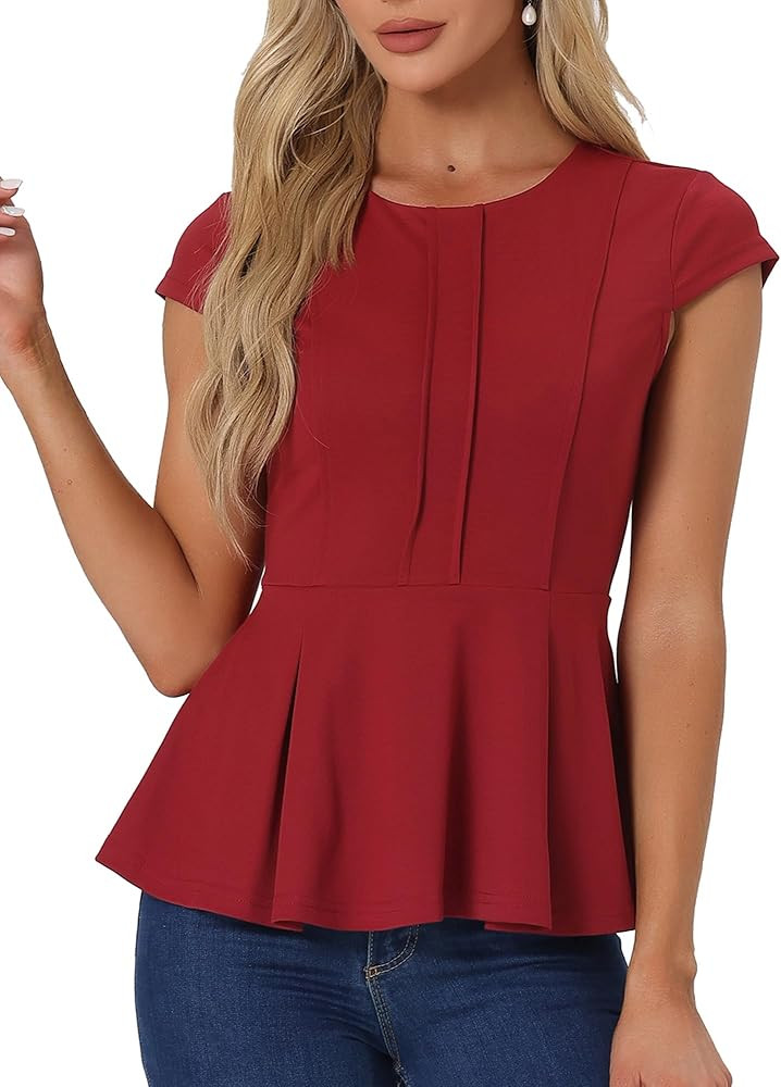 Allegra K Women's Peplum Top Cap Sleeve Round Neck 2025 Summer Work Blouse Tops for Business Casu... | Amazon (US)