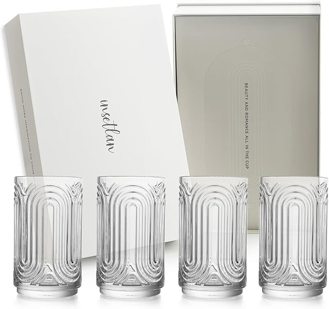 INSETLAN Vintage Art Deco Glassware | Glass Cups Set of 4 | 14 Oz Thick Bottom Cocktail Glasses, ... | Amazon (US)