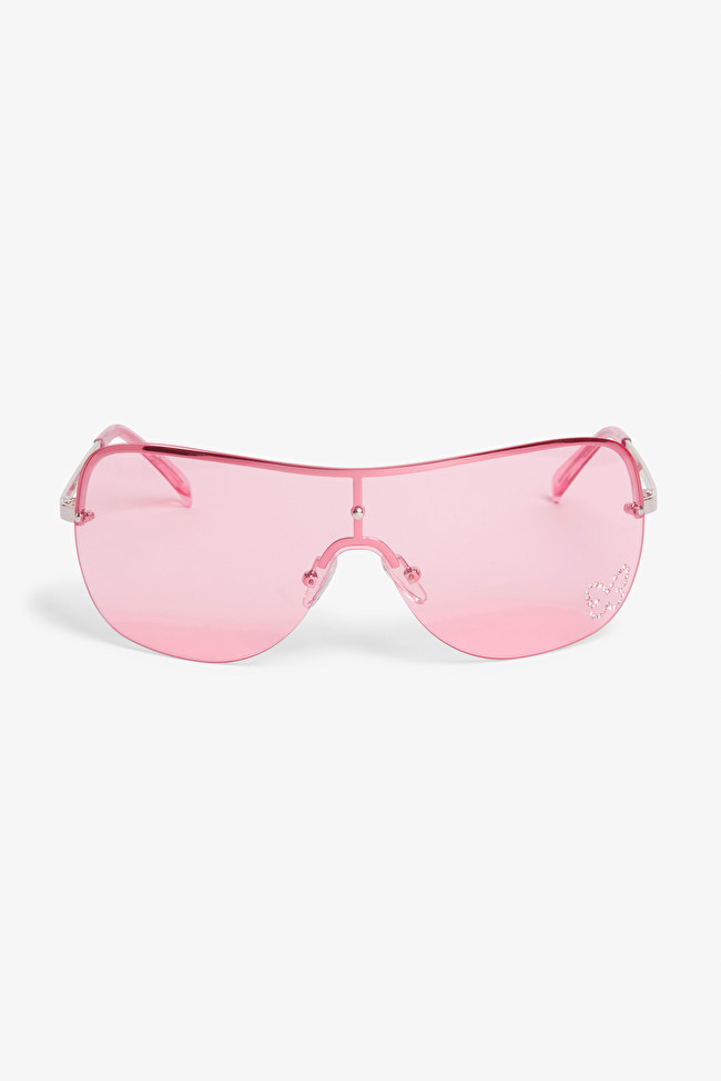 Pink frameless sunglasses with rhinestone detail | Monki